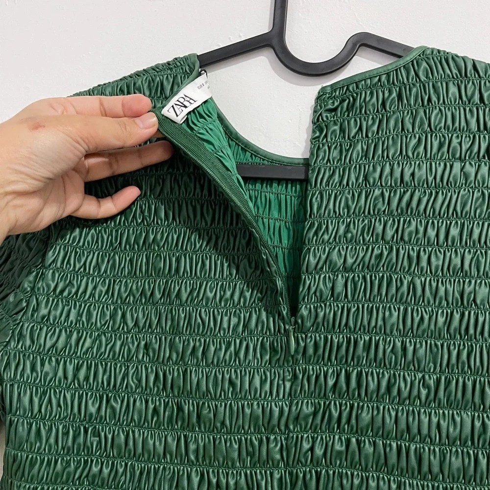 NWT! ZARA Green Smocked Peplum Short Sleeve Top!